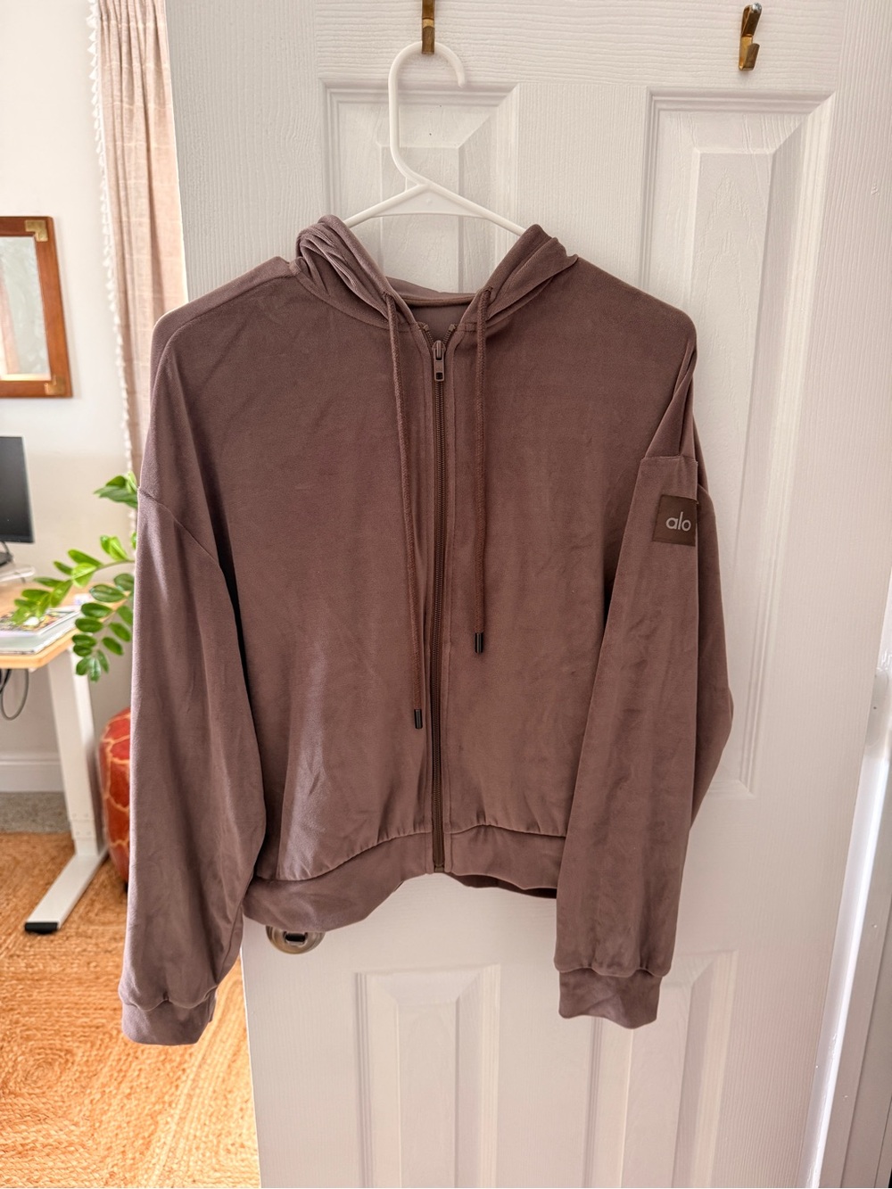 ALO Yoga Zip-Up Velour Hoodie in Brown